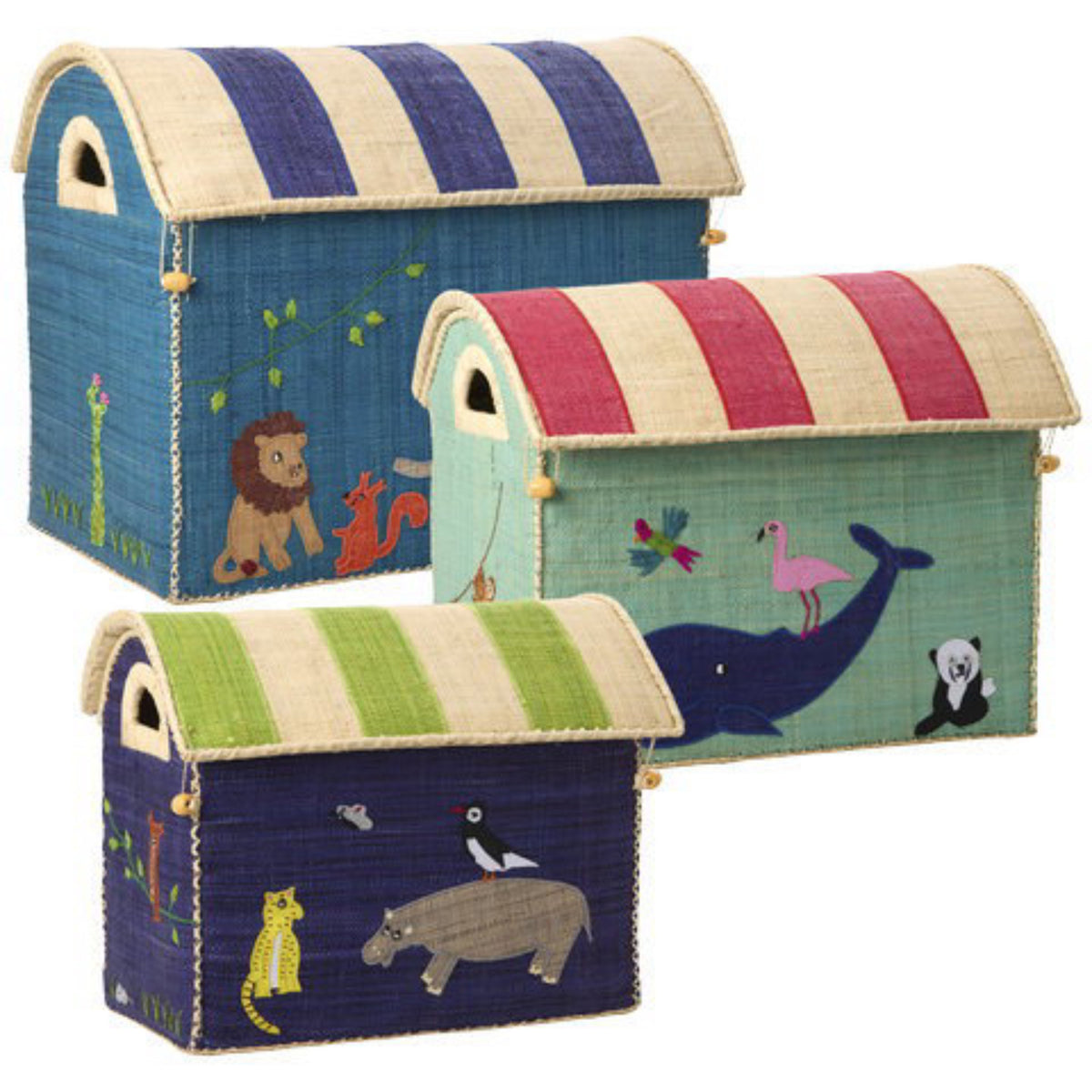 Rice Raffia Leksak Baskets Med Animal Theme - Sett Of 3