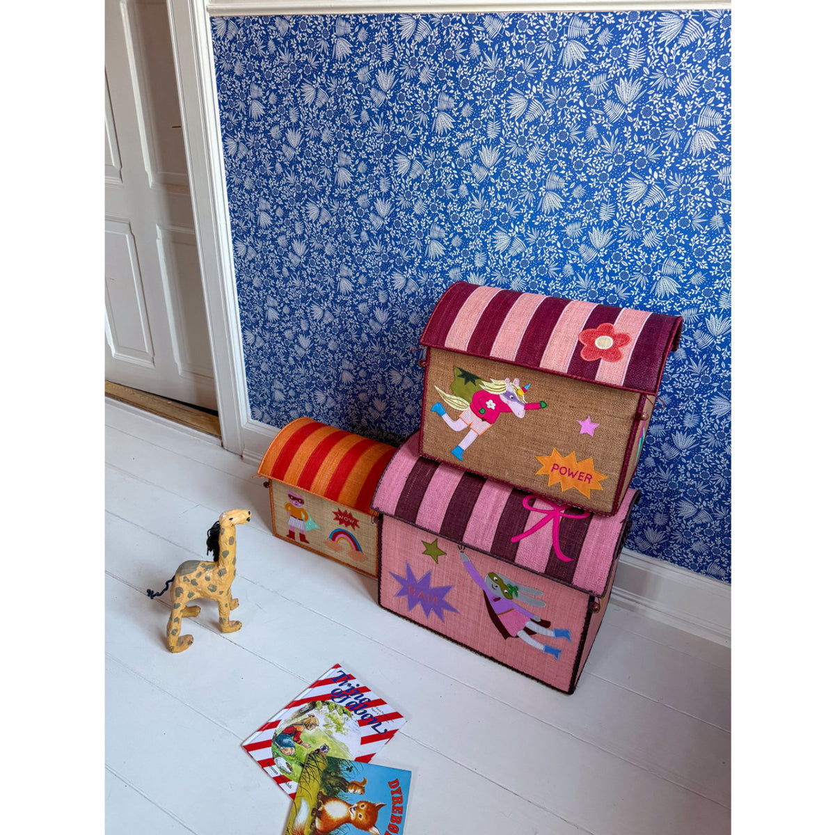 Rice Raffia Leksak Baskets Med Hero Theme - Pink - Sett Of 3