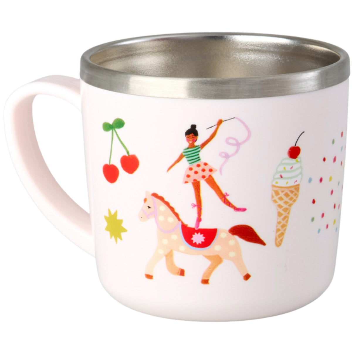 Rice Rustfrit Stål Baby Kopp Med Handle And Fixed Överdrag - Pink Fun Fair Print - 260 Ml