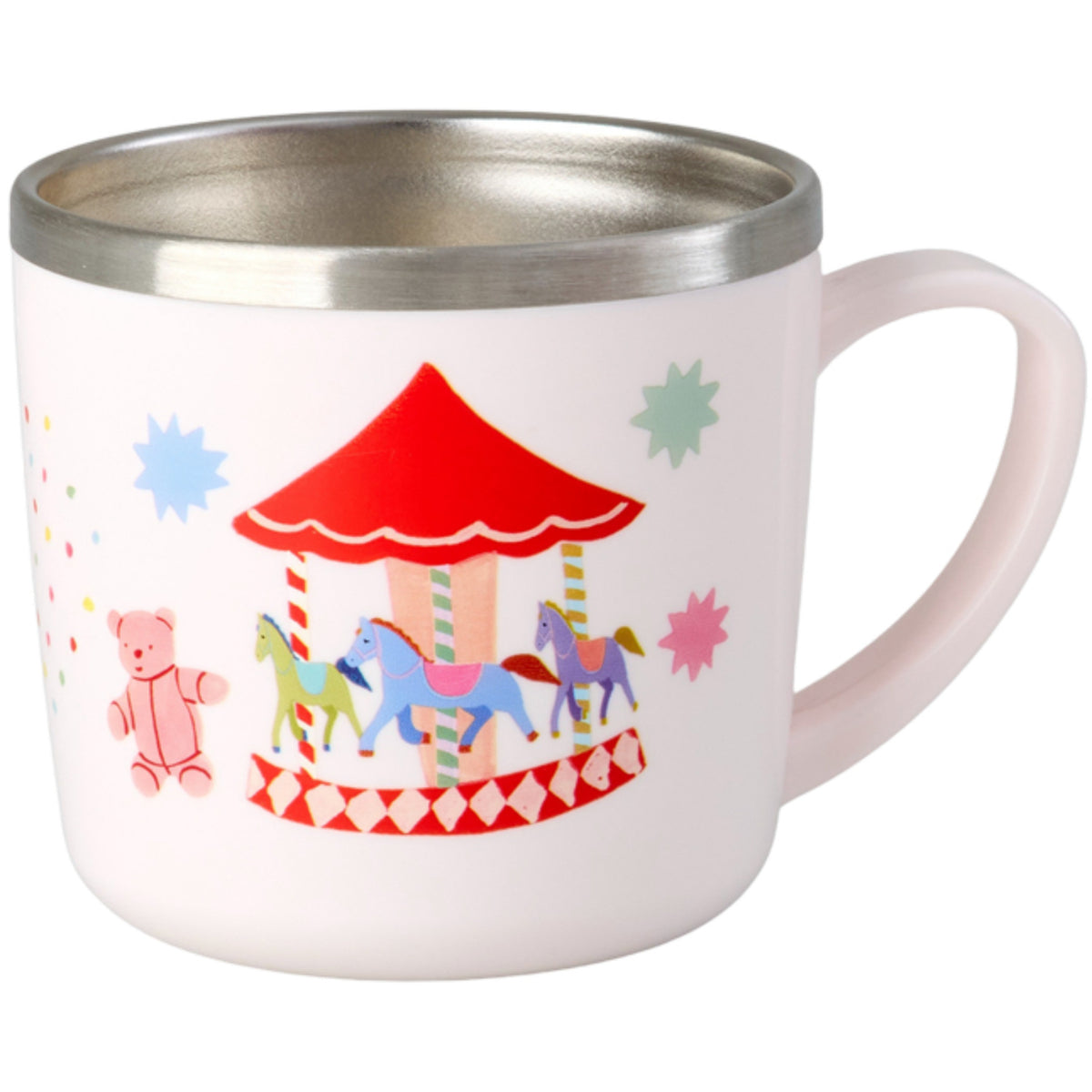 Rice Rustfrit Stål Baby Kopp Med Handle And Fixed Överdrag - Pink Fun Fair Print - 260 Ml