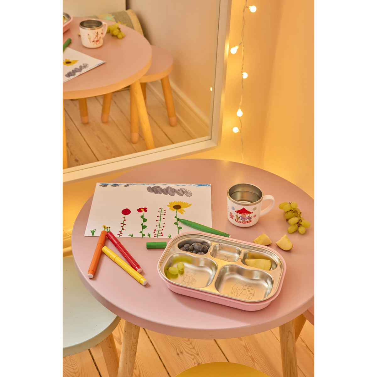 Rice Rustfrit Stål Baby Kopp Med Handle And Fixed Överdrag - Pink Fun Fair Print - 260 Ml