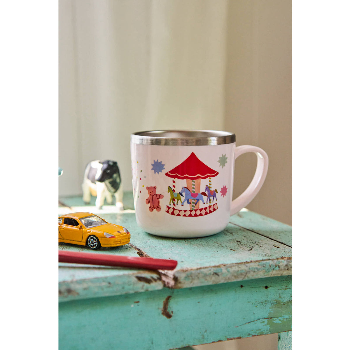 Rice Rustfrit Stål Baby Kopp Med Handle And Fixed Överdrag - Pink Fun Fair Print - 260 Ml