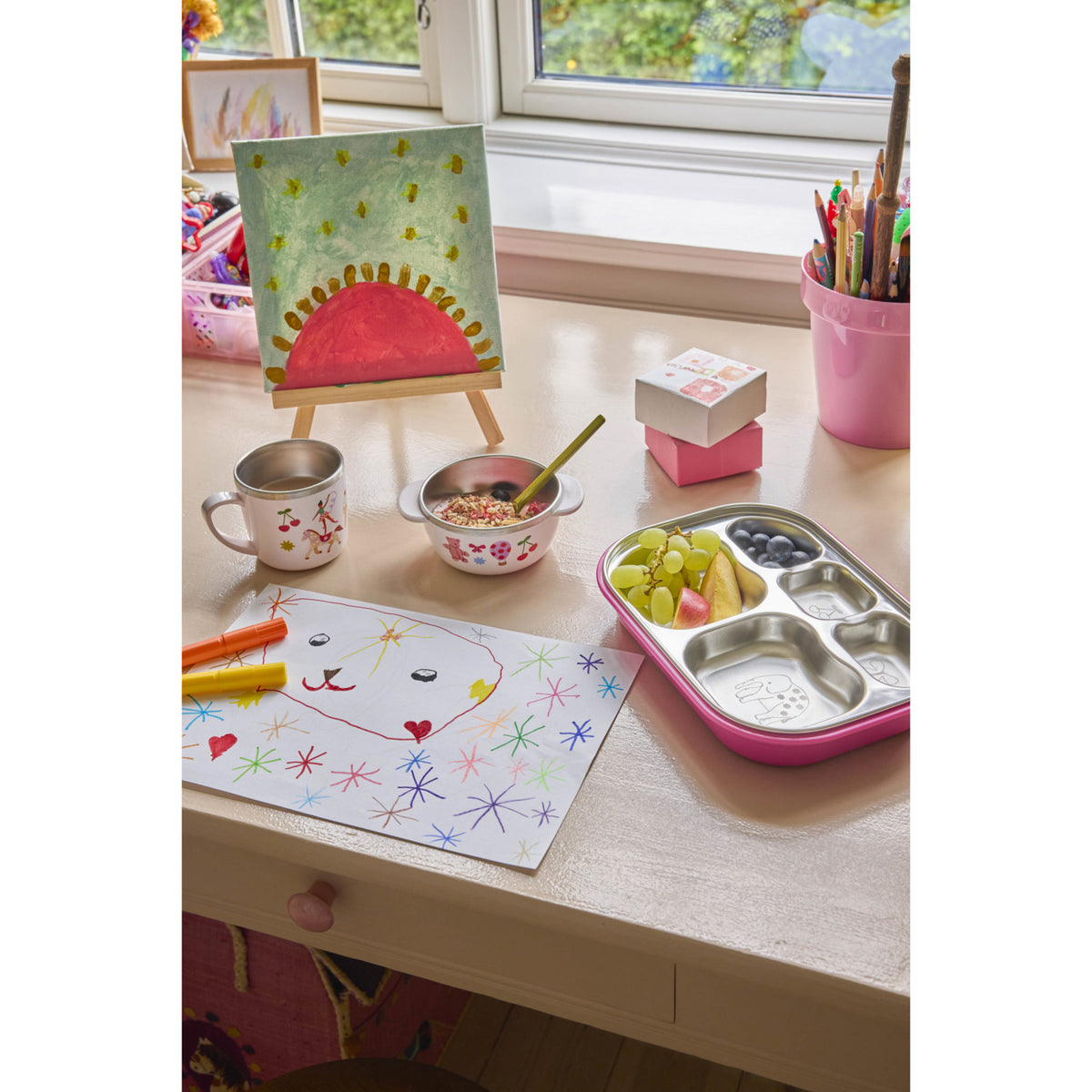 Rice Rustfrit Stål 5 Room Tallrik Med Pink Fun Fair Laser Print