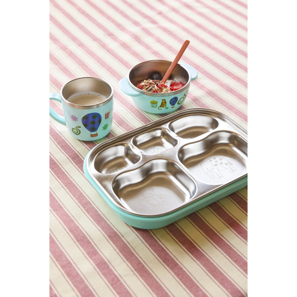 Rice Rustfrit Stål Baby Kopp Med Handle And Fixed Överdrag - Mint Fun Fair Print - 260 Ml