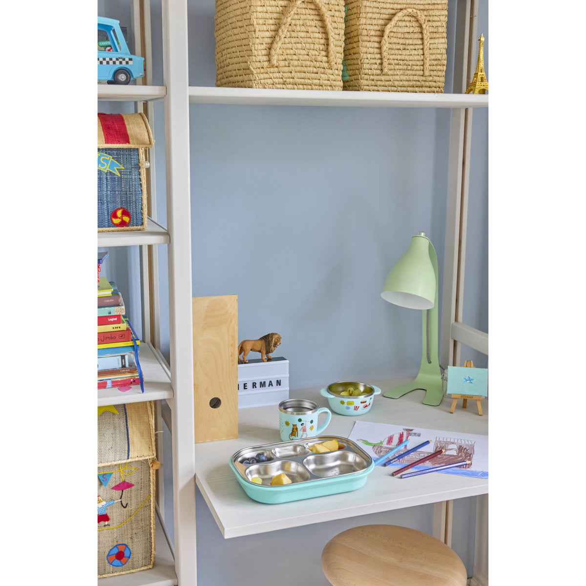 Rice Rustfrit Stål Baby Kopp Med Handle And Fixed Överdrag - Mint Fun Fair Print - 260 Ml