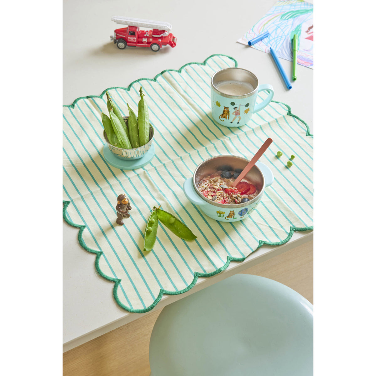 Rice Rustfrit Stål Baby Kopp Med Handle And Fixed Överdrag - Mint Fun Fair Print - 260 Ml