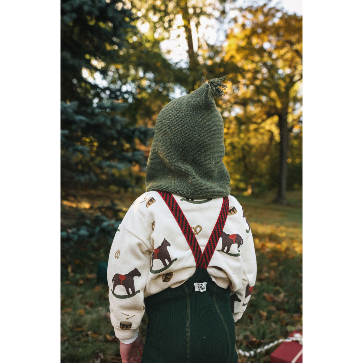 Silly Silas Footless Bomull Strumpbyxar Med Braces Dark Forest Green Christmas Patterned