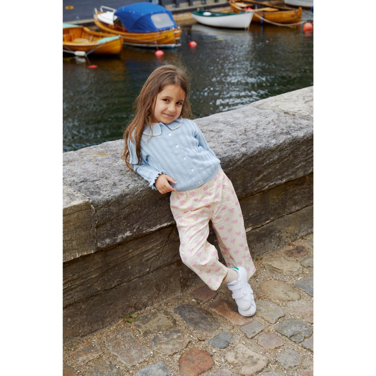 COPENHAGEN COLORS Dusty Blue stickad pointelle cardigan