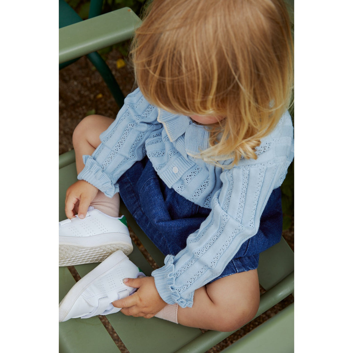 COPENHAGEN COLORS Dusty Blue stickad pointelle cardigan