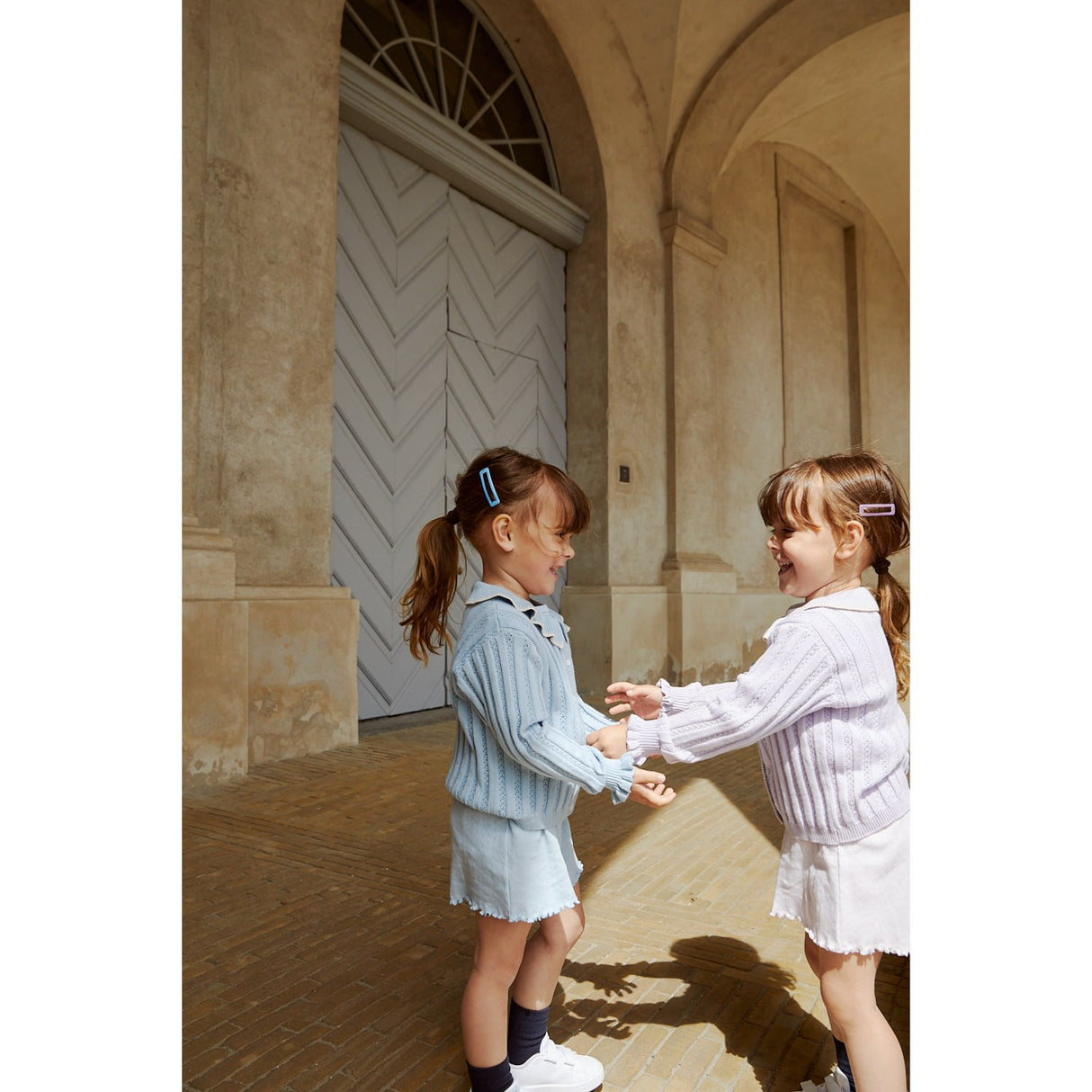 COPENHAGEN COLORS Dusty Blue stickad pointelle cardigan