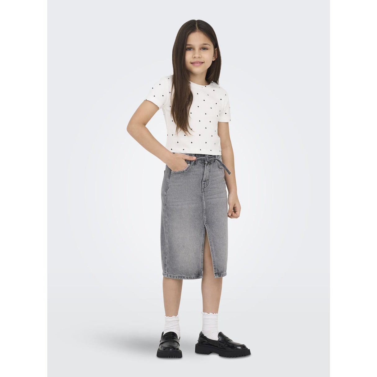 kids ONLY Medium Grey Denim Gianna Belted Midi Kjol Dot Denim