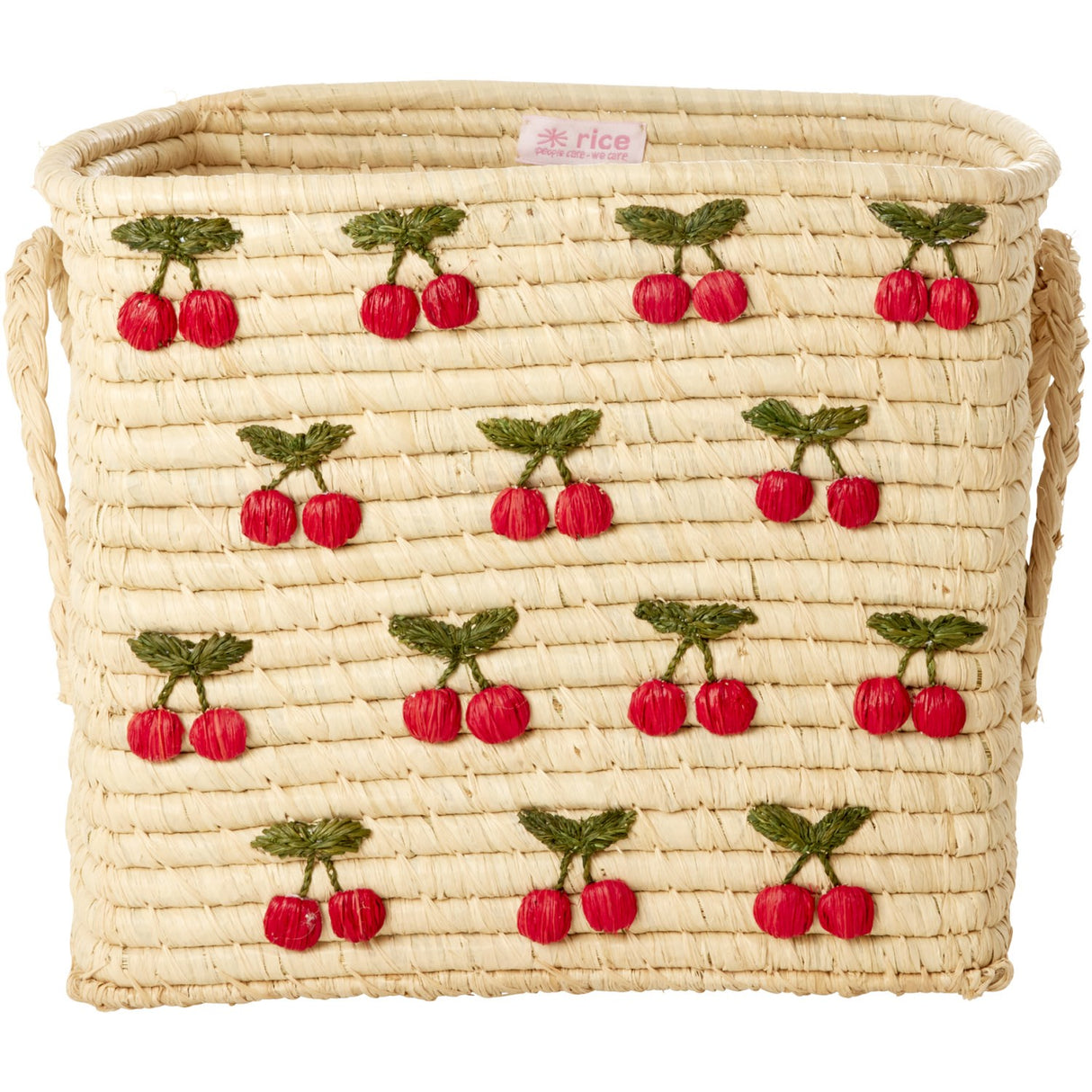Rice Raffia Square Korg Med Small Cherries All Över Embroidery - Raffia Handles