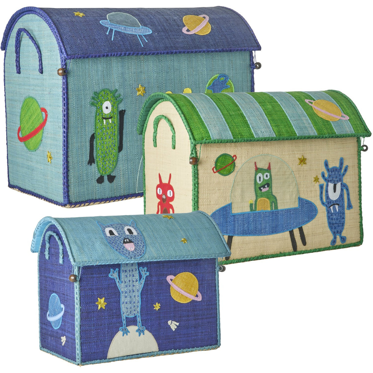 Rice Raffia Leksak Baskets Med Monsters Theme - Set Of 3