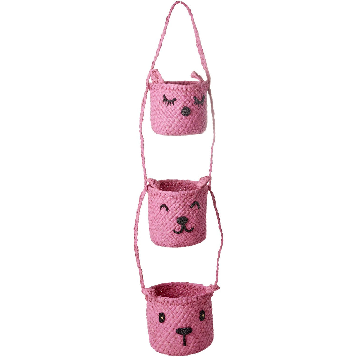 Rice Raffia 3-Tier Hanging Förvaring Med Animal Faces I Pink