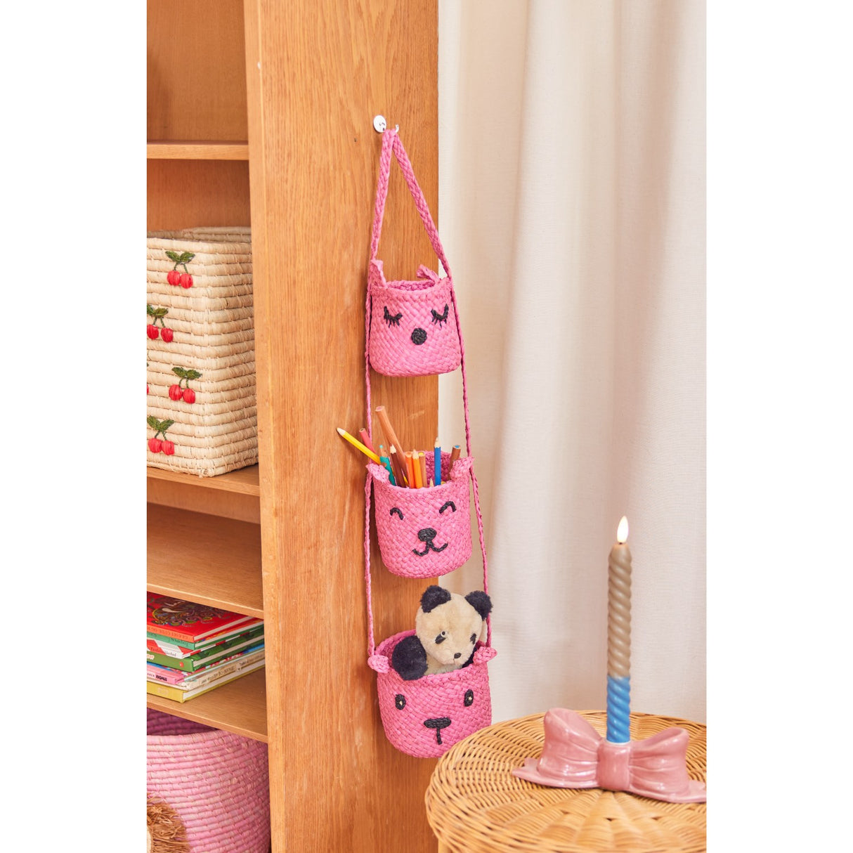 Rice Raffia 3-Tier Hanging Förvaring Med Animal Faces I Pink