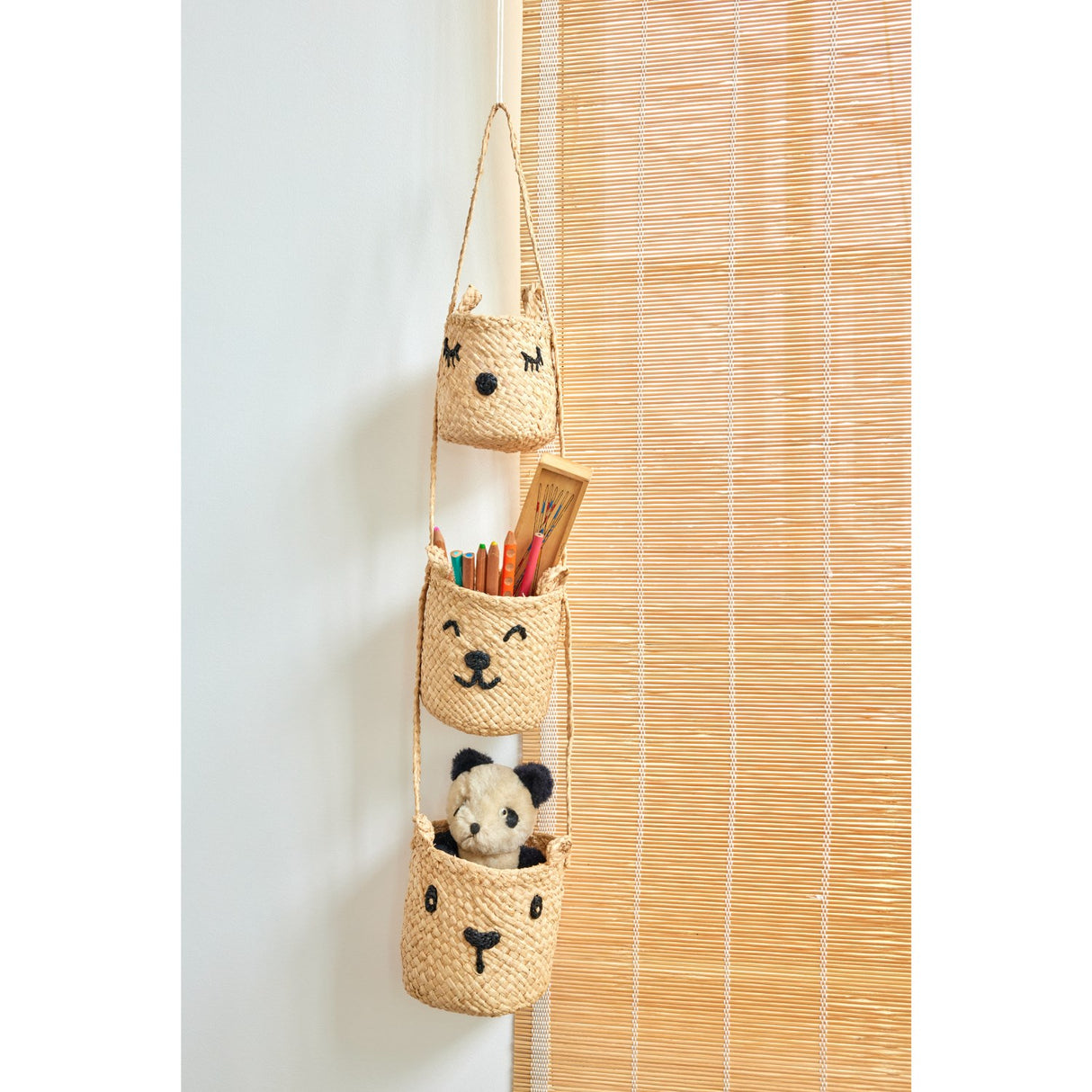 Rice Raffia 3-Tier Hanging Förvaring Med Animal Faces I Natural