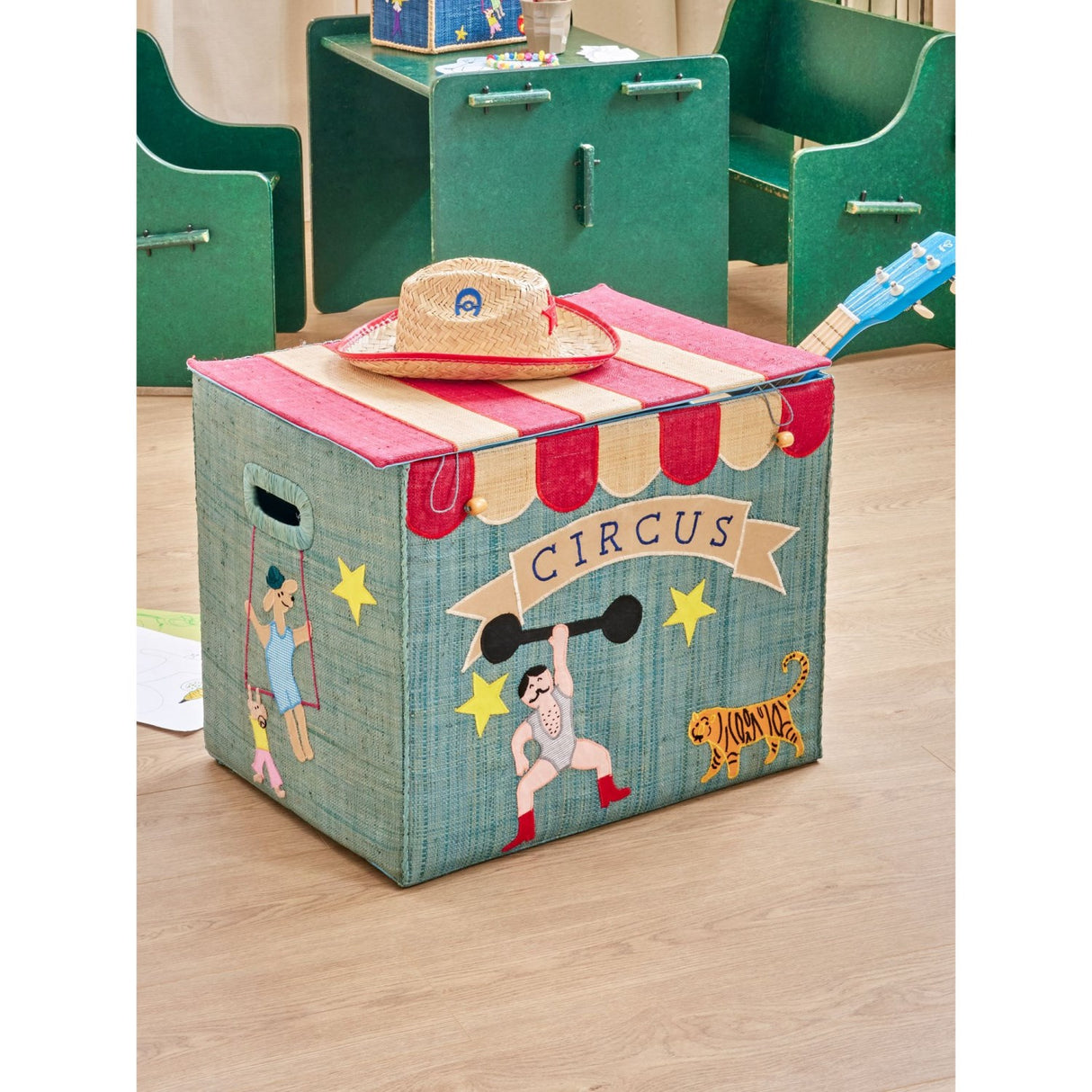Rice Raffia Förvaring Box Med Circus Theme - Extra Large - Foldable