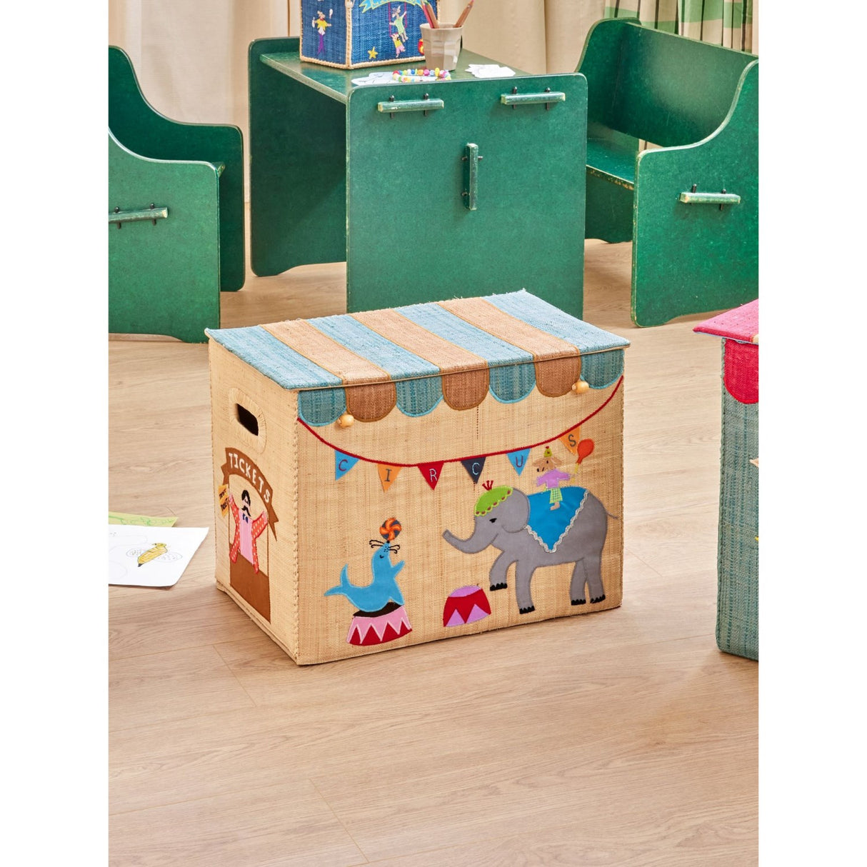 Rice Raffia Förvaring Box Med Circus Theme - Large - Foldable