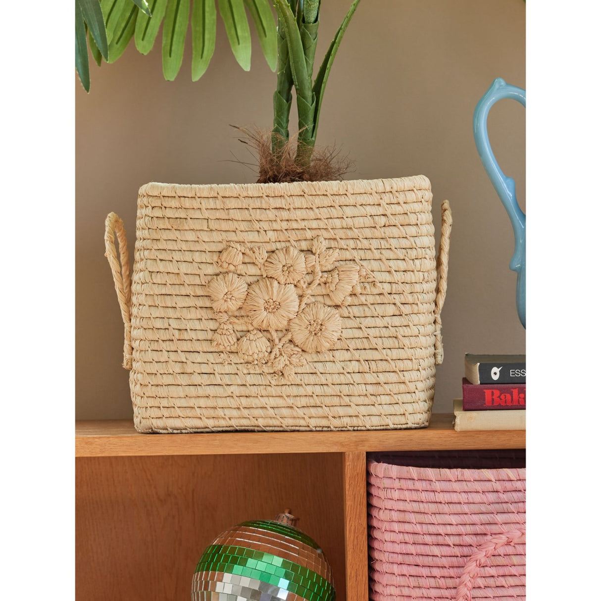 Rice Raffia Square Korg I Nature Med Flower Embroidery - Raffia Handles