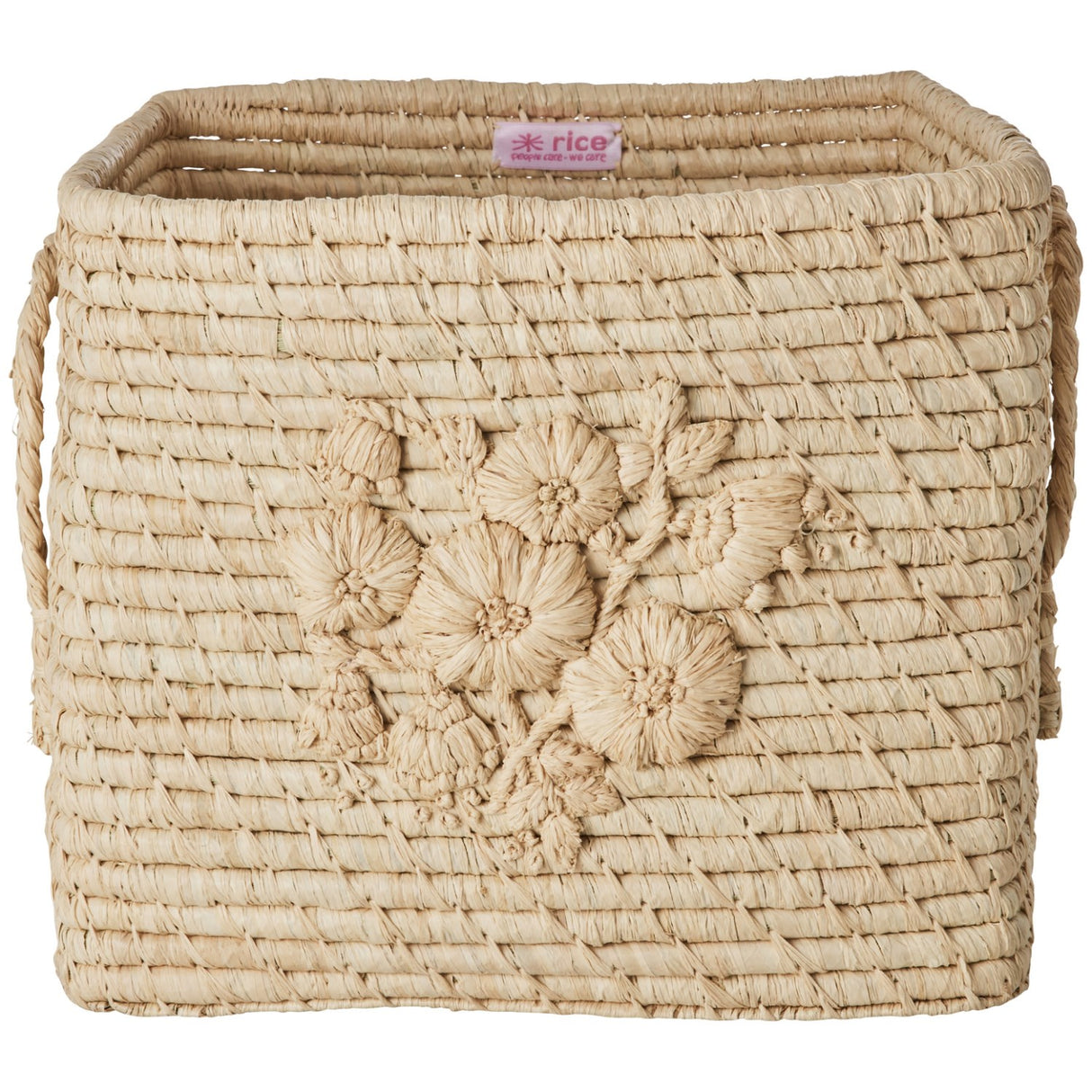 Rice Raffia Square Korg I Nature Med Flower Embroidery - Raffia Handles
