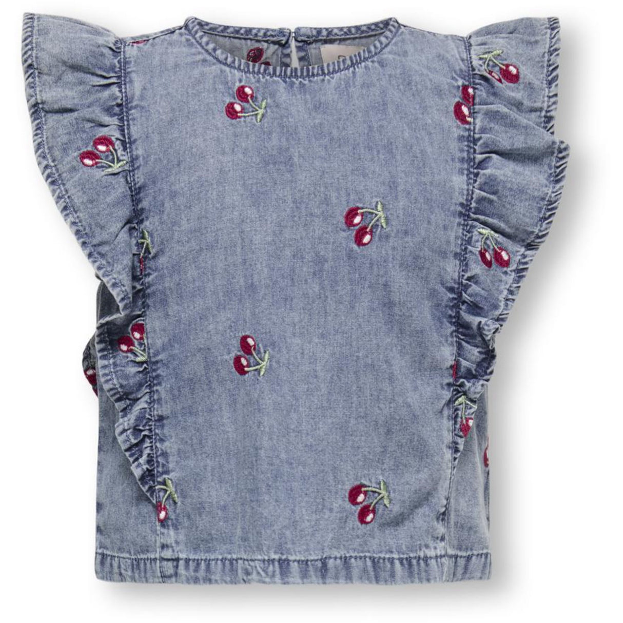 Kids ONLY MINI Medium Blue Denim Cherry Embroidery Dandy Frill Cherry Topp Denim