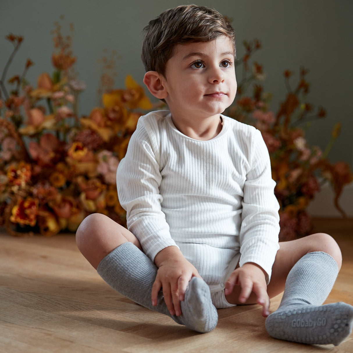 Gobabygo Grey Melange Non-Slip Strumpor Bambu