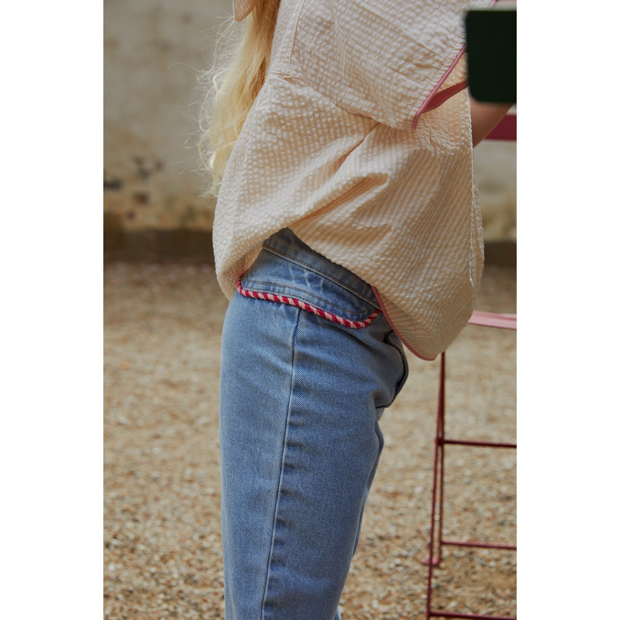 COPENHAGEN COLORS Dusty Rose W Cream Stripe W. Pink Seersucker Blus W. Contrast Edge