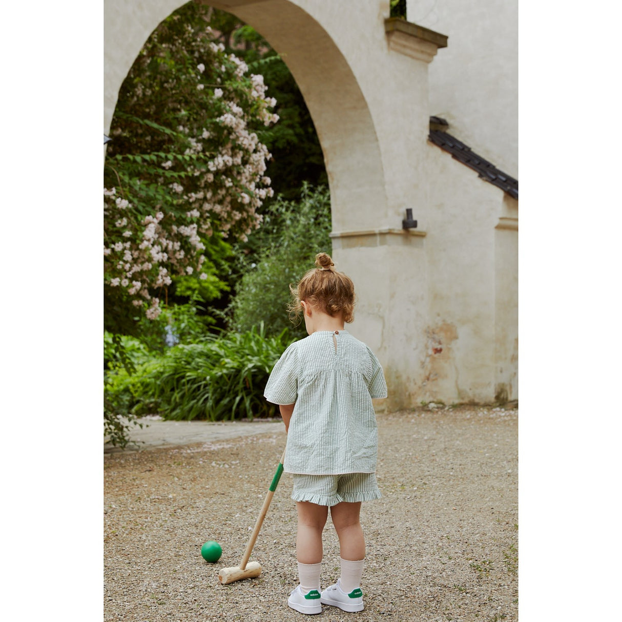 COPENHAGEN COLORS Green W Cream Stripe W. Dusty Rose Seersucker Blus W. Contrast Edge