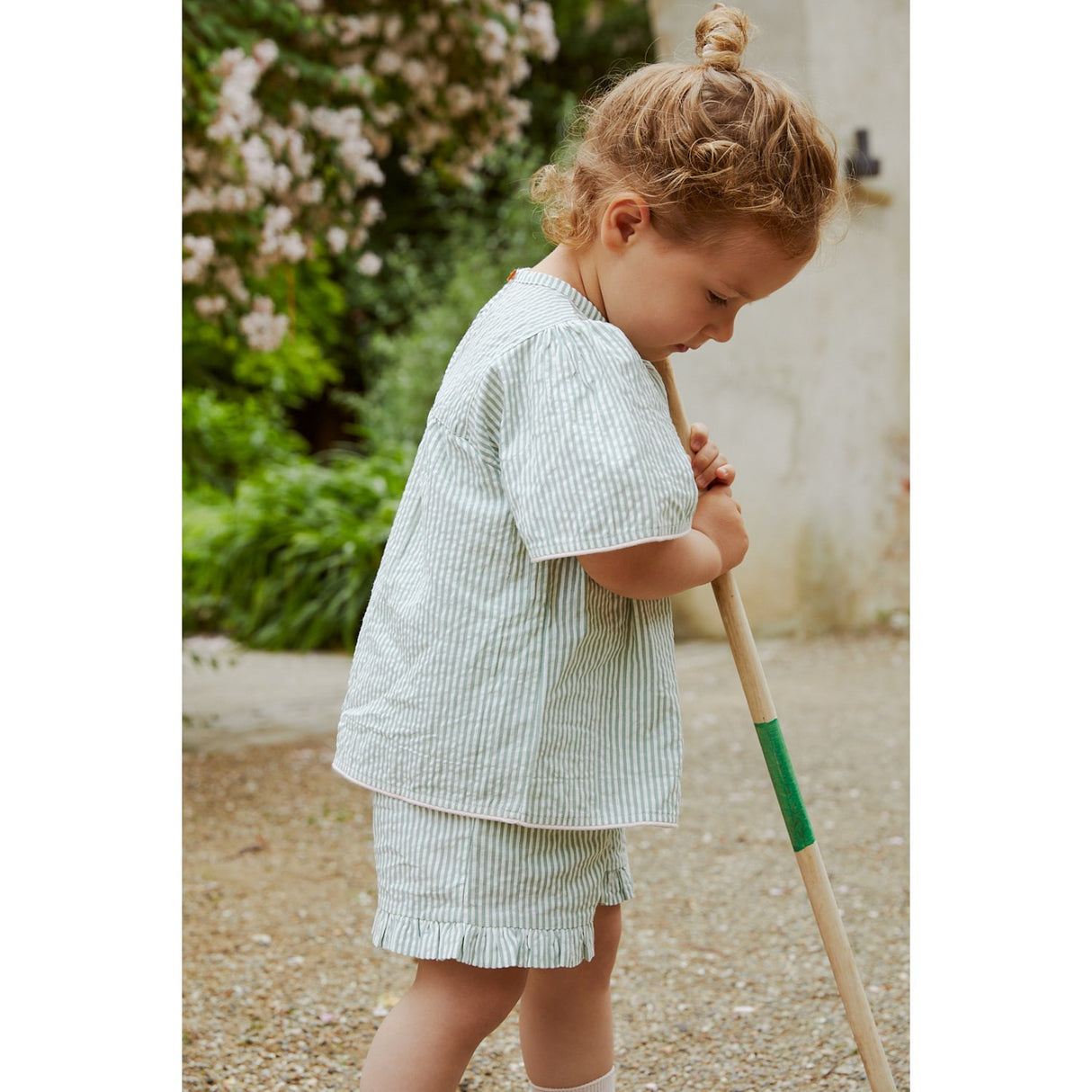 COPENHAGEN COLORS Green W Cream Stripe W. Dusty Rose Seersucker Blus W. Contrast Edge