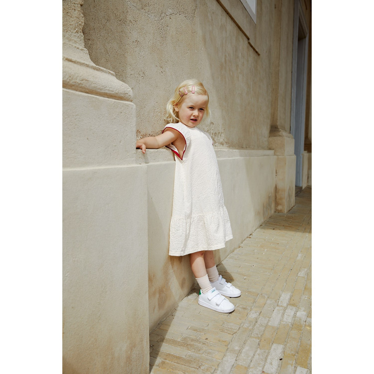 COPENHAGEN COLORS Dusty Rose W Cream Stripe W. Berry Seersucker Klänning W. Frill Ärmar