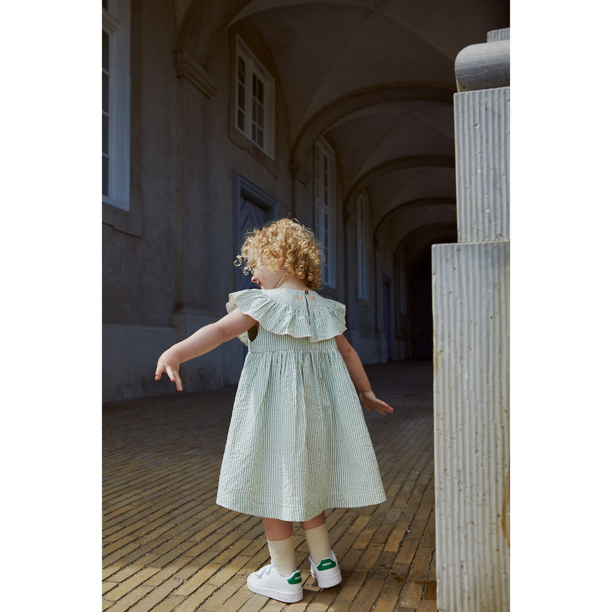 COPENHAGEN COLORS Green W Cream Stripe W. Dusty Rose Seersucker Klänning W. Heart