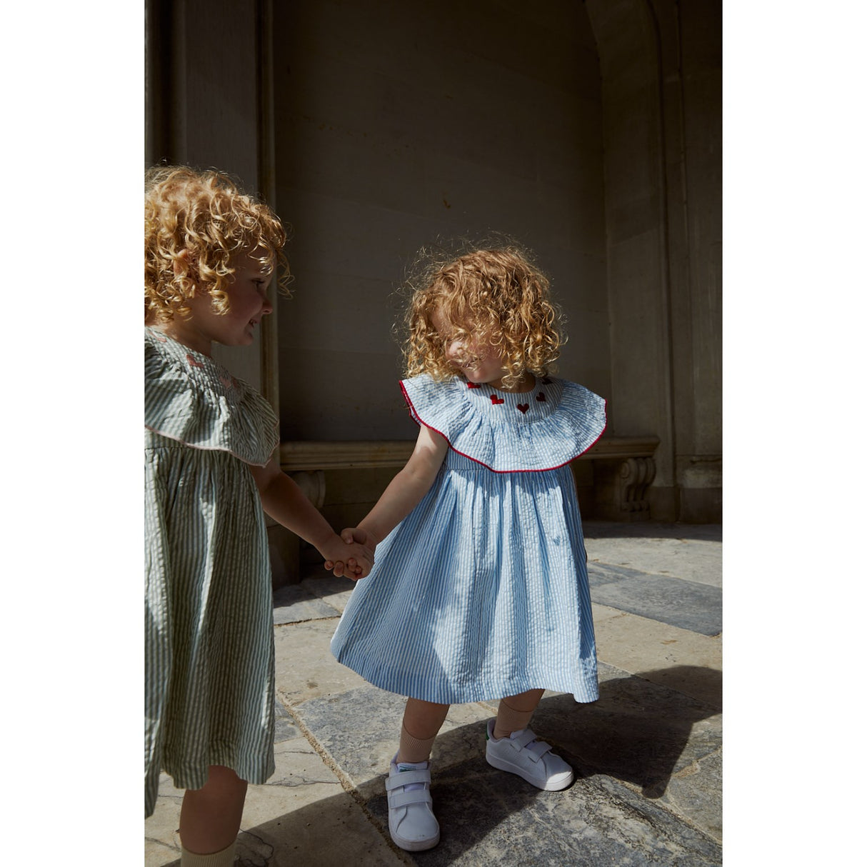 COPENHAGEN COLORS Green W Cream Stripe W. Dusty Rose Seersucker Klänning W. Heart