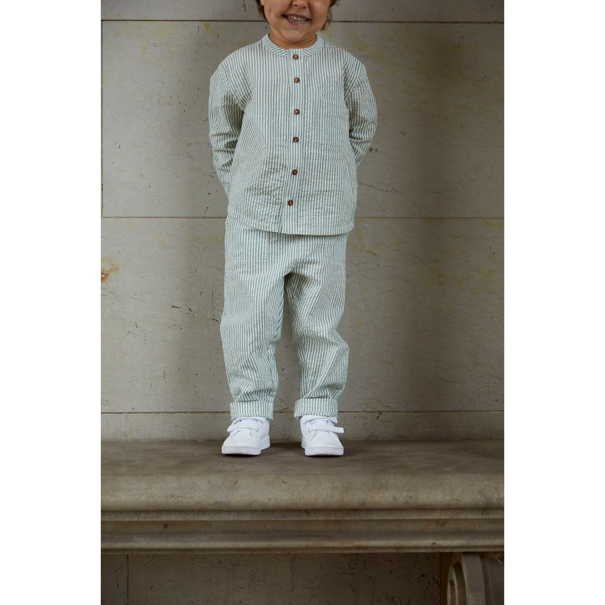 COPENHAGEN COLORS Green W Cream Stripe Seersucker Byxor