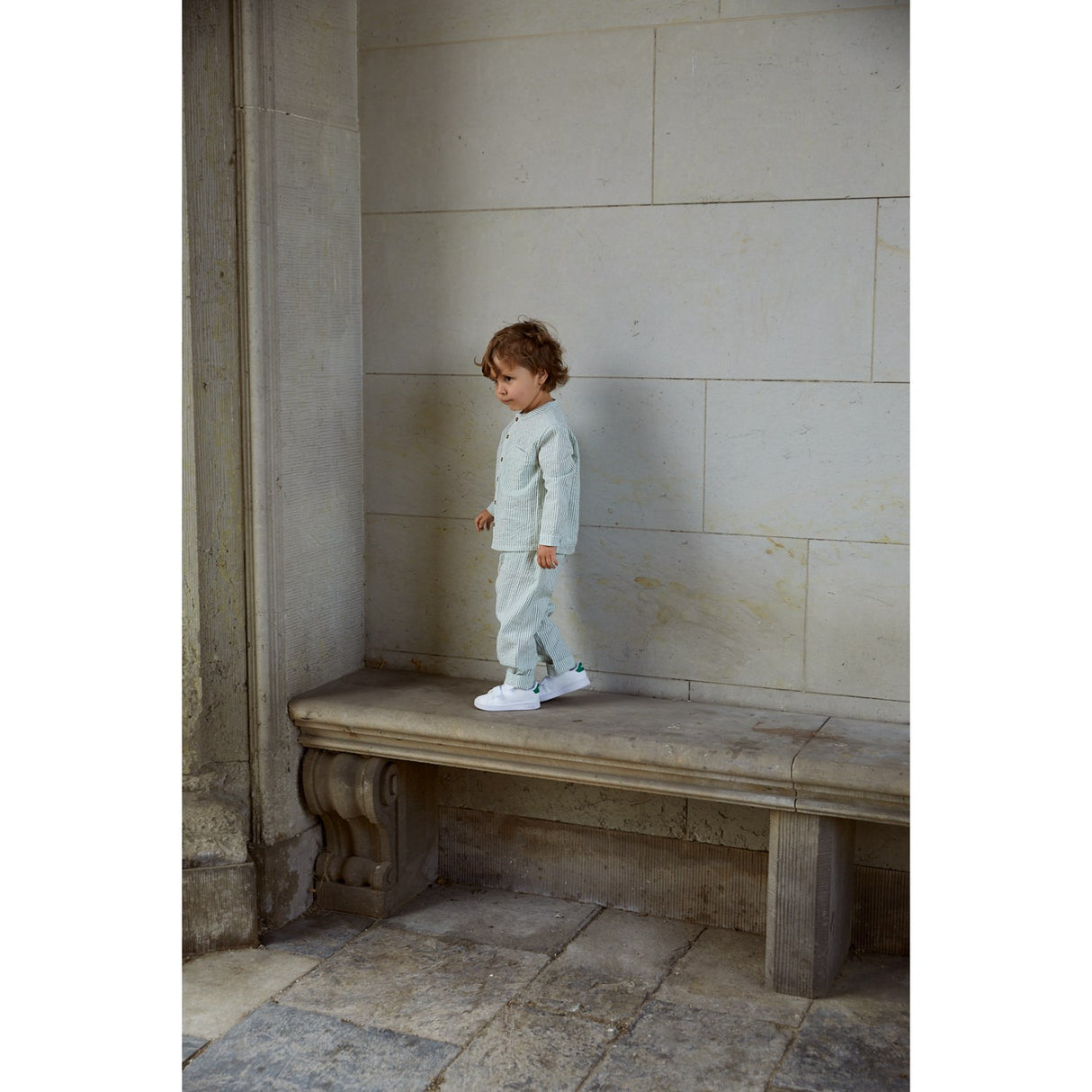 COPENHAGEN COLORS Green W Cream Stripe Seersucker Byxor