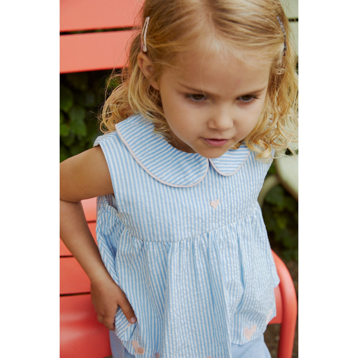 COPENHAGEN COLORS Sky Blue W Cream Stripe W. Soft Pink Seersucker Ss Blus W. Hearts