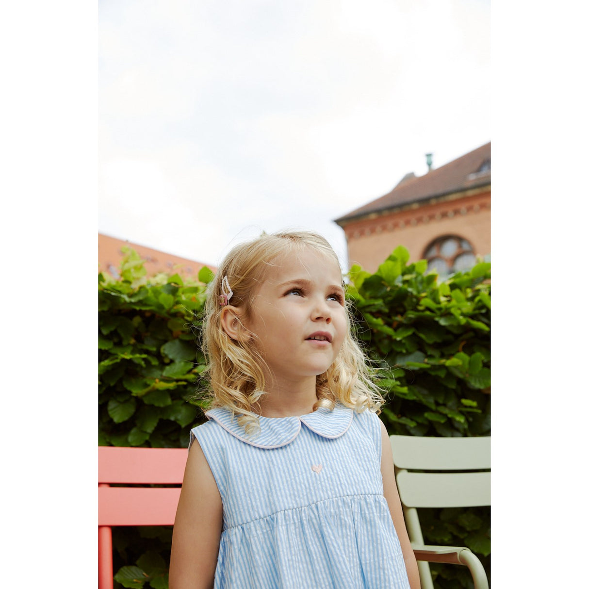 COPENHAGEN COLORS Sky Blue W Cream Stripe W. Soft Pink Seersucker Ss Blus W. Hearts