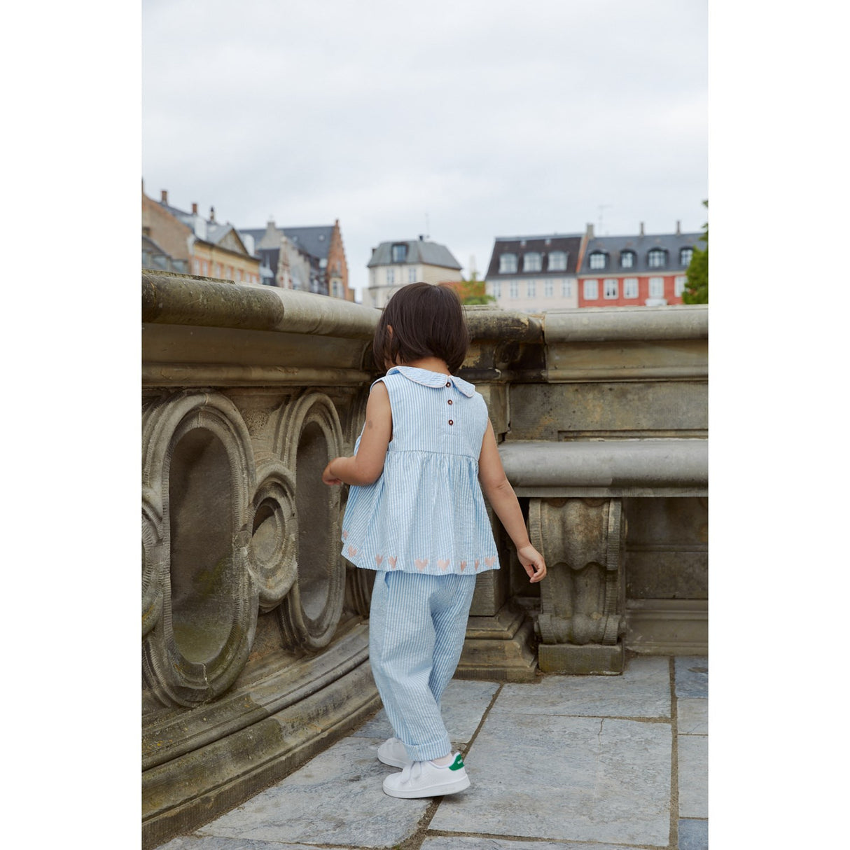 COPENHAGEN COLORS Sky Blue W Cream Stripe W. Soft Pink Seersucker Ss Blus W. Hearts