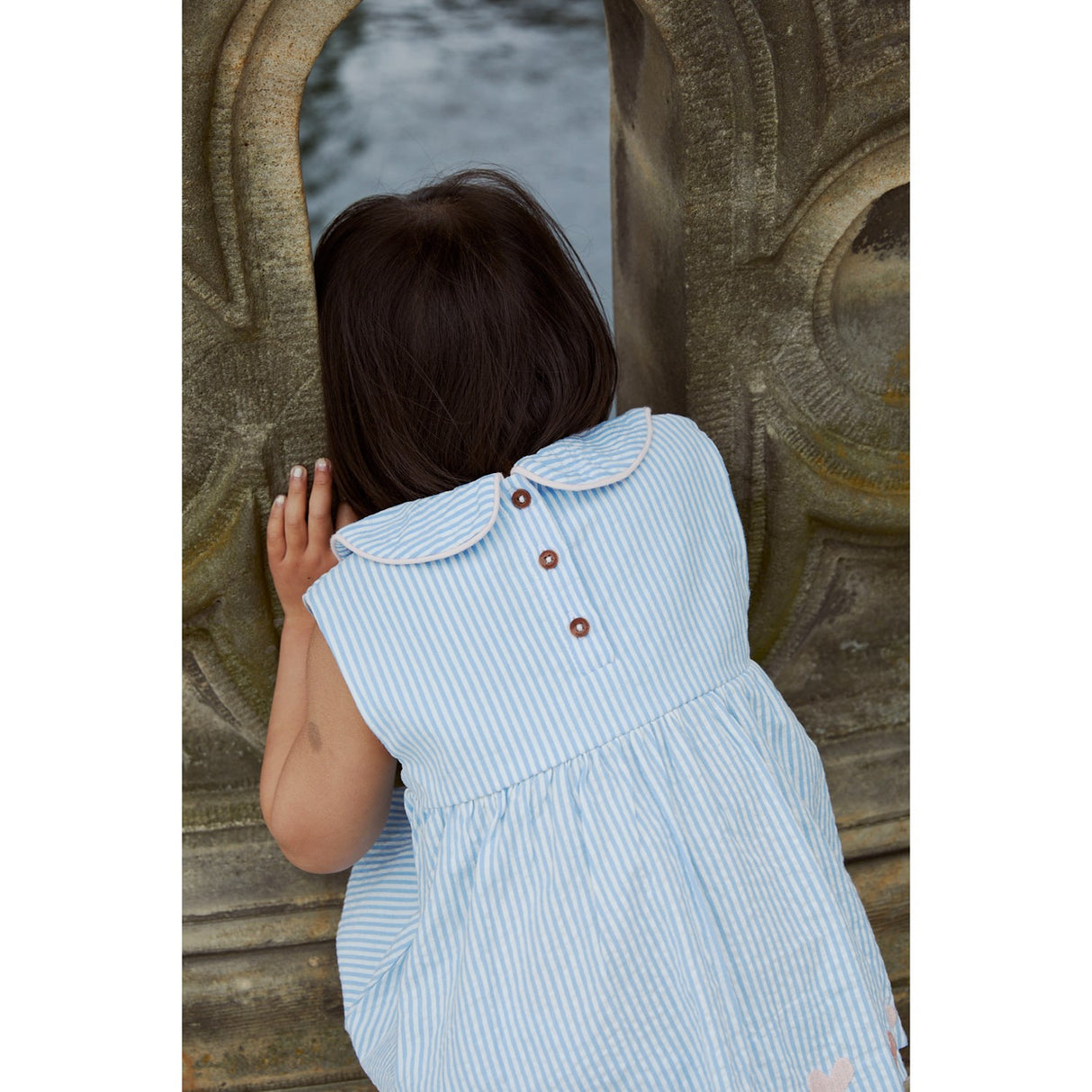 COPENHAGEN COLORS Sky Blue W Cream Stripe W. Soft Pink Seersucker Ss Blus W. Hearts