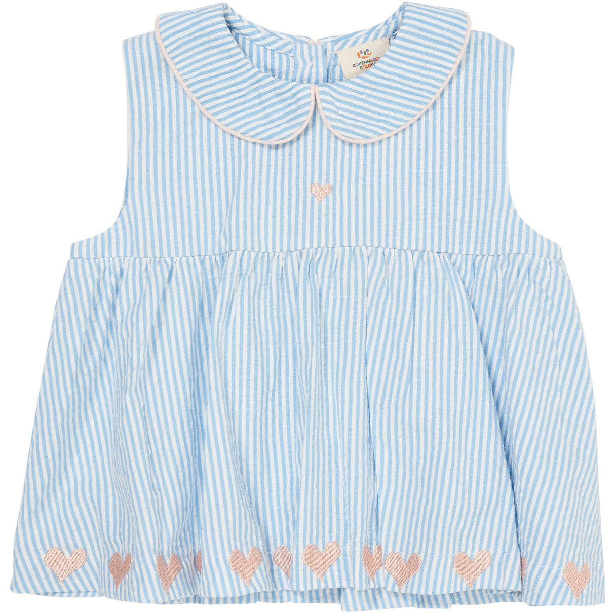 COPENHAGEN COLORS Sky Blue W Cream Stripe W. Soft Pink Seersucker Ss Blus W. Hearts