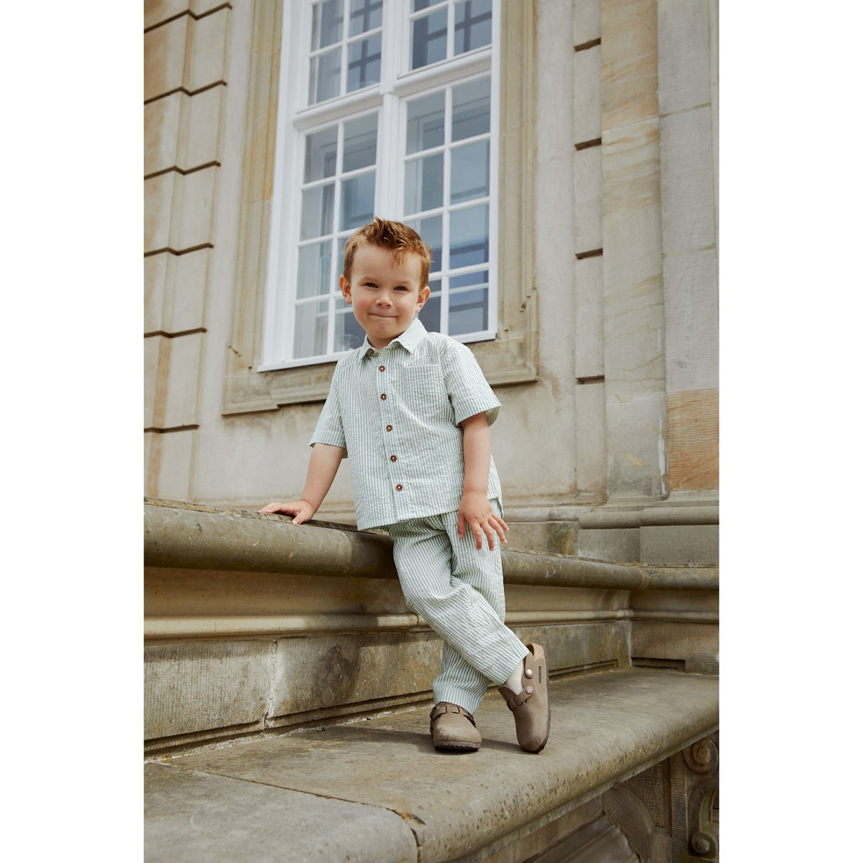 COPENHAGEN COLORS Green W Cream Stripe Seersucker Ss Skjorta