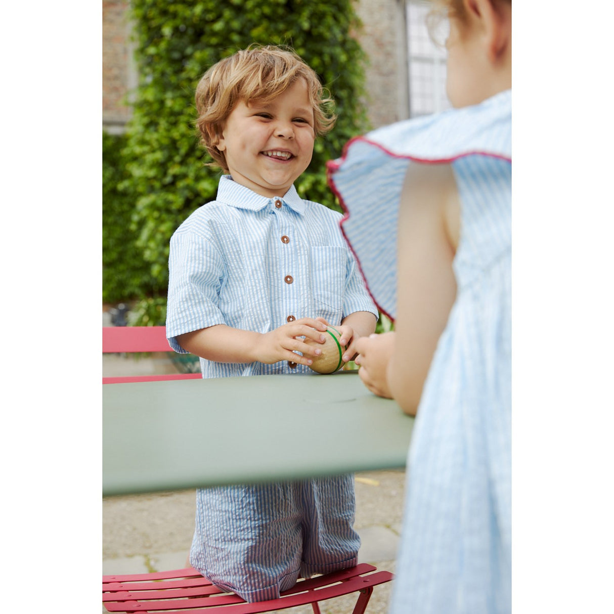 COPENHAGEN COLORS Sky Blue W Cream Stripe Seersucker Ss Skjorta