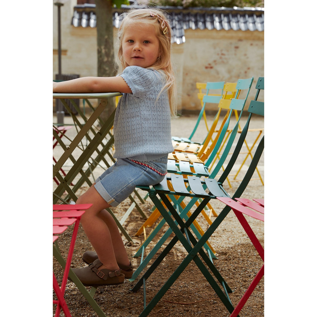 COPENHAGEN COLORS Dusty Blue Stickad Pointelle Blus