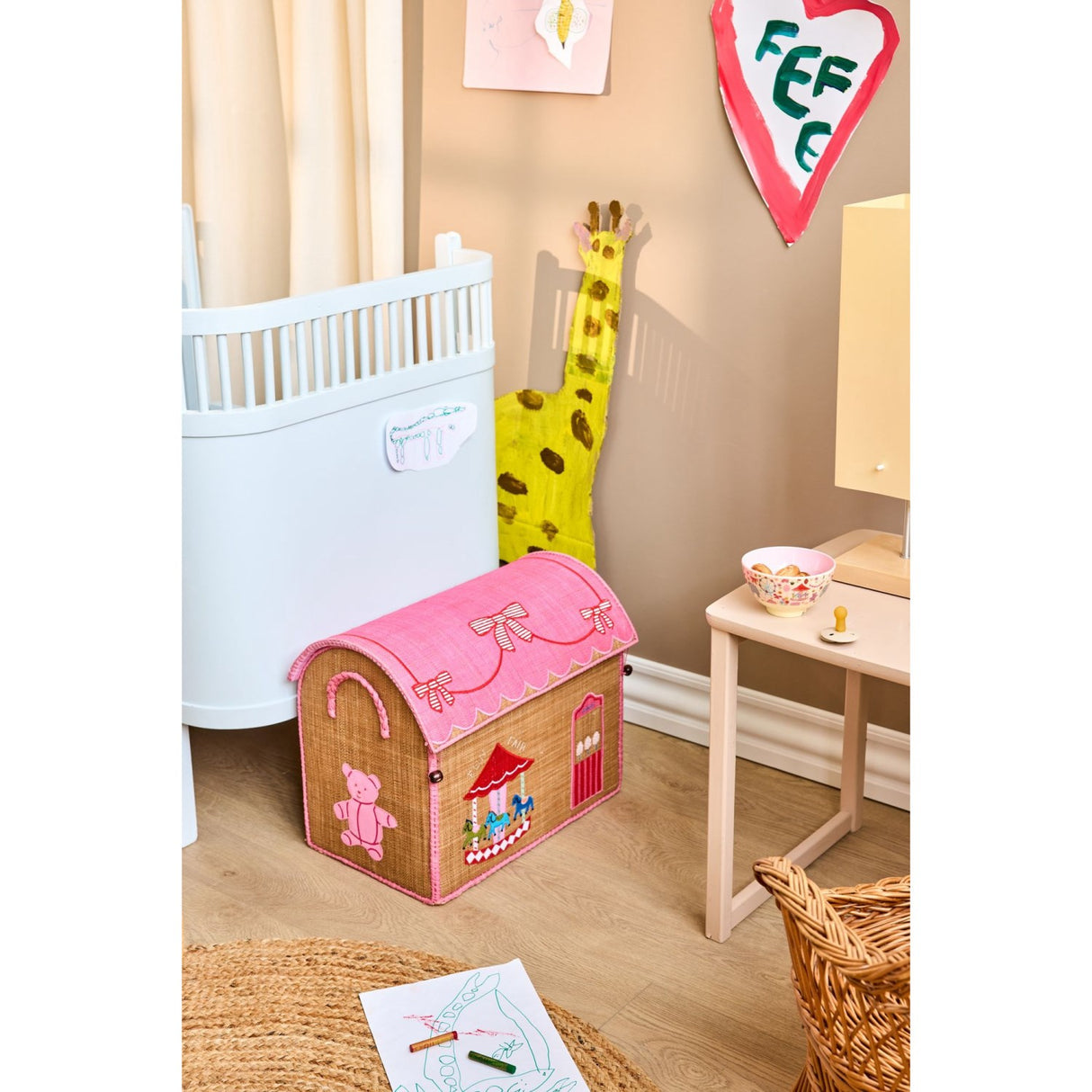 Rice Pink Fun Fair Theme Raffia Leksak Baskets 3-Pack