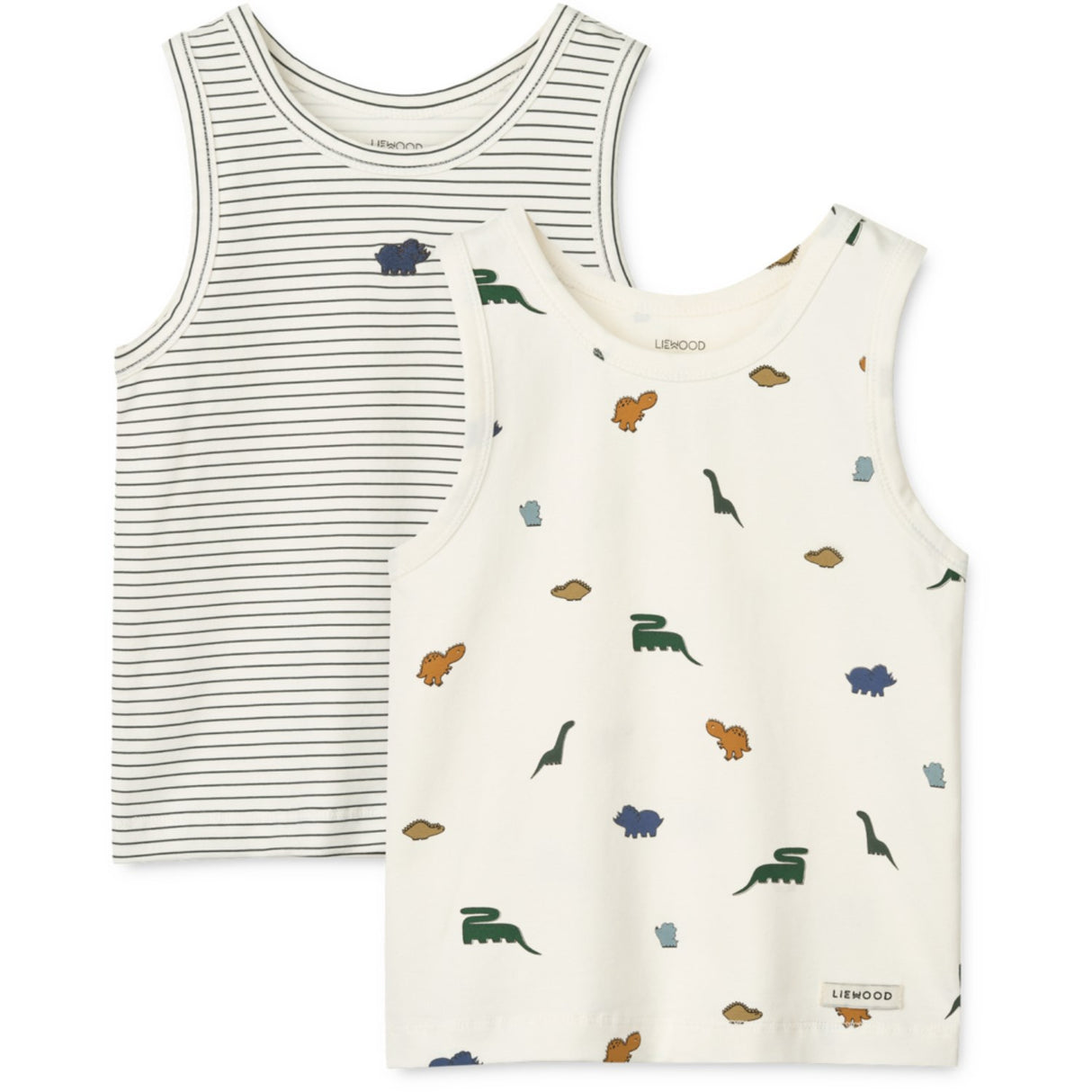 LIEWOOD Mini Dinosaurs Creme / Stripe Mix Faris Printed Tank Topp 2-Pack