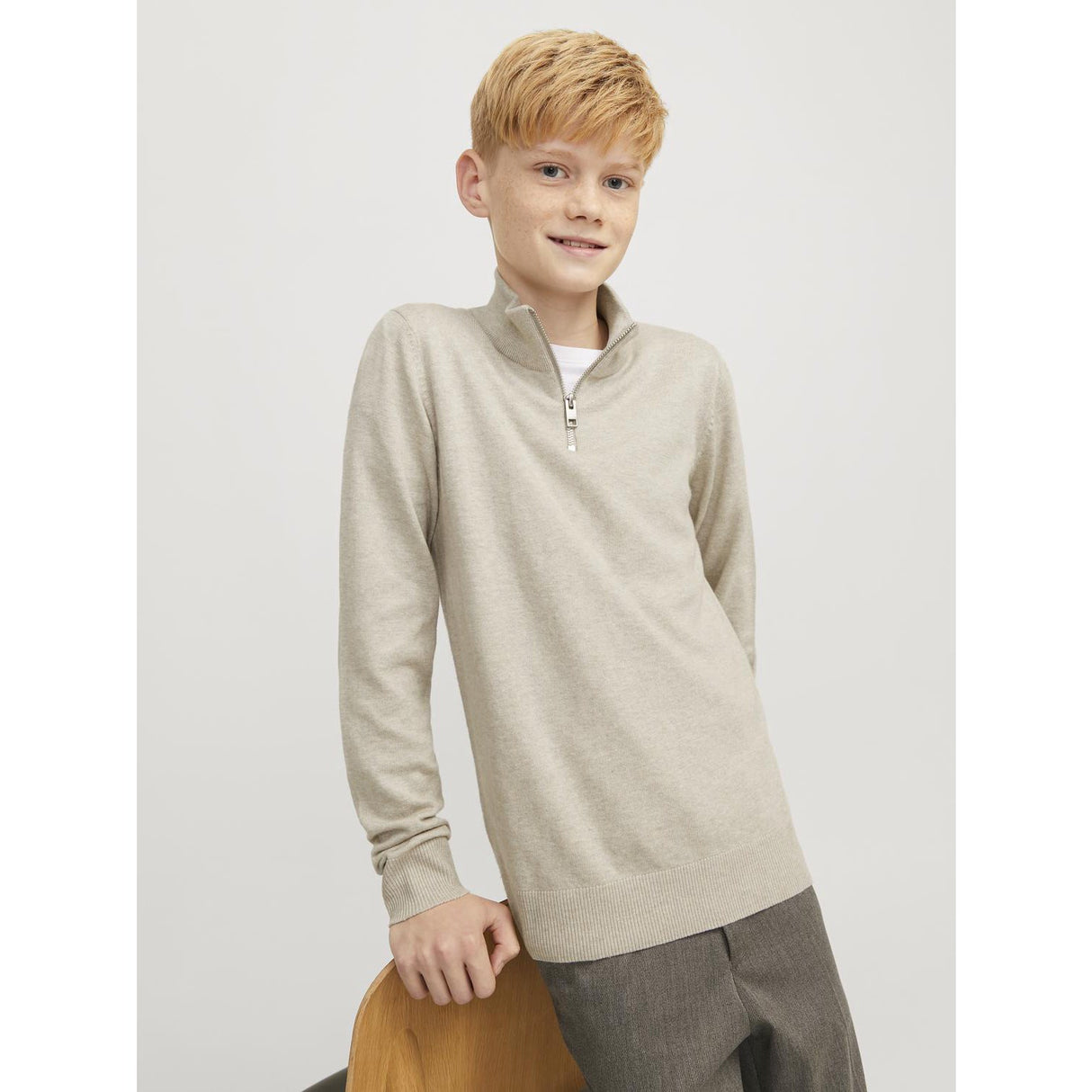 Jack & Jones Junior Oatmeal Melange Jjeemil Stickad Half Zip Noos Jnr
