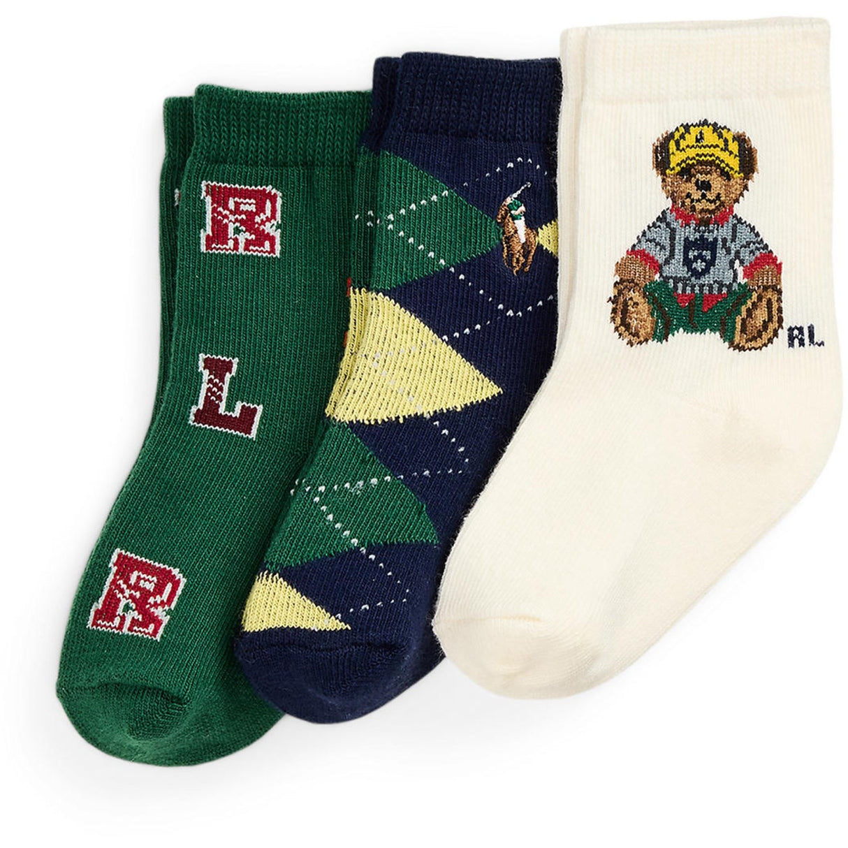Ralph Lauren Baby Ivory/Navy/Green Baby Boy Crew Strumpo 3-Pack