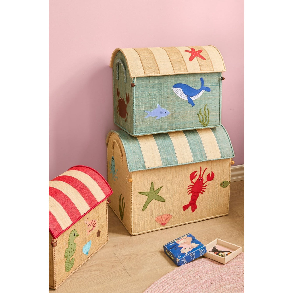 Rice Ocean Theme Raffia Leksak Baskets Sett Of 3