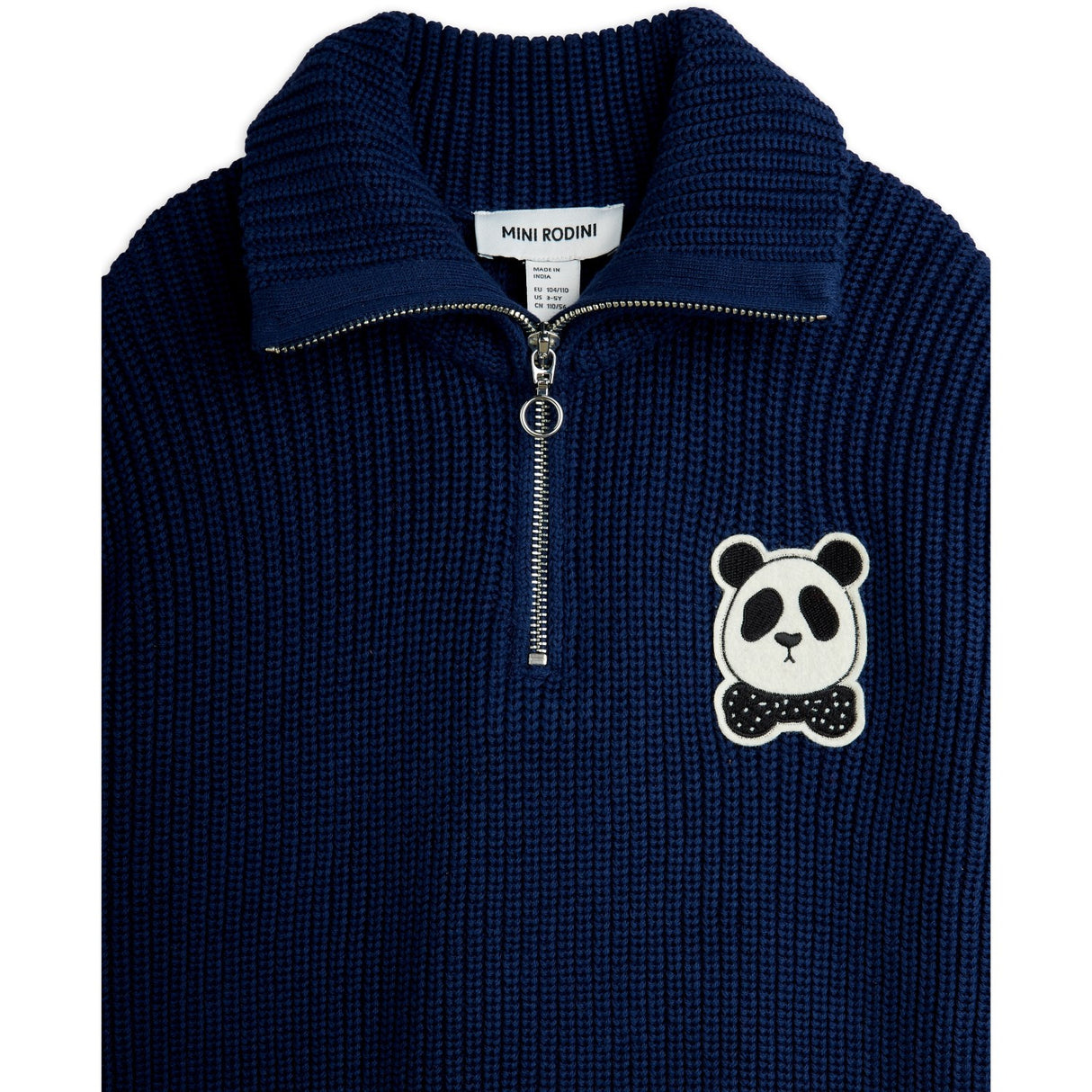 Mini Rodini Blue Panda Patch Chunky Stickad Half Zip Sweater