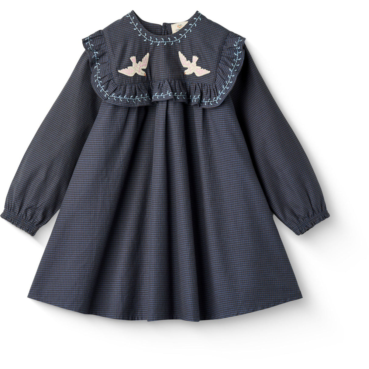 COPENHAGEN COLORS Brown/Blue Check Comb. Checkered Klänning W. Embroidery Och Ruffle