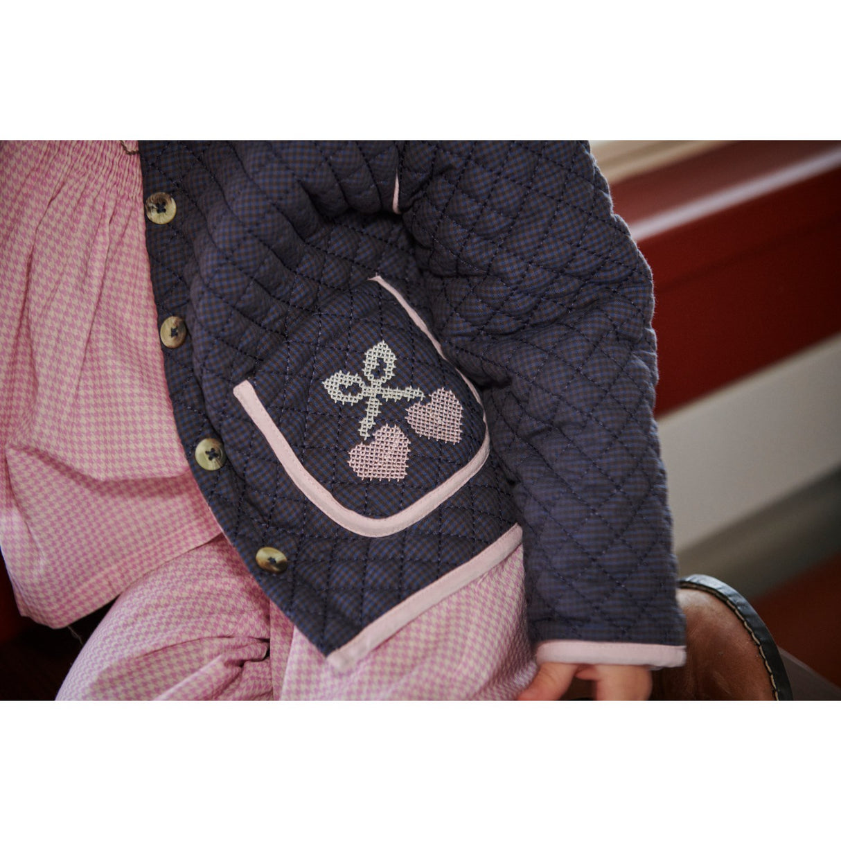 COPENHAGEN COLORS Brown/Blue Check Comb. Checkered Quiltad Jacka W. Embroidery